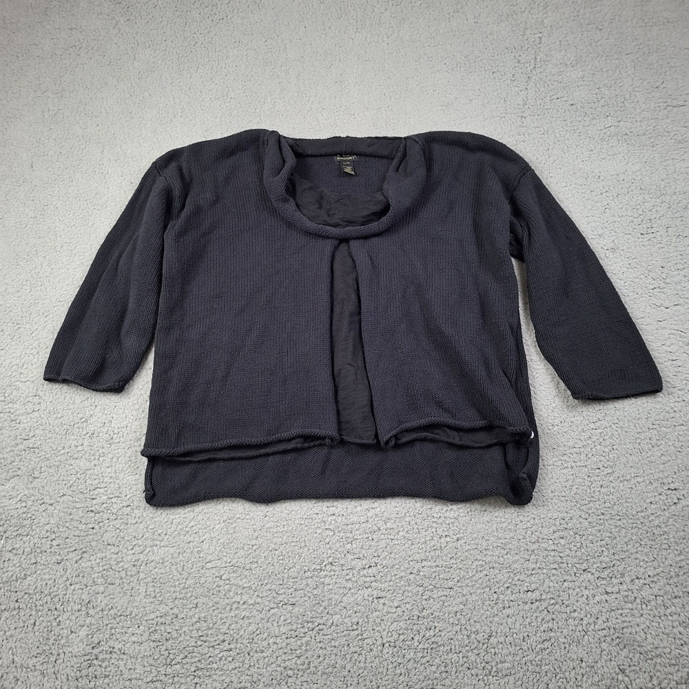 Pure Handknit Cowl Neck Sweater L/XL Black Cotton 3/4 Sleeve Lagenlook Boho